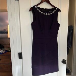 Connected Apparel Purple Sheath Midi Dress with Silver Jeweled Scoop Necklace